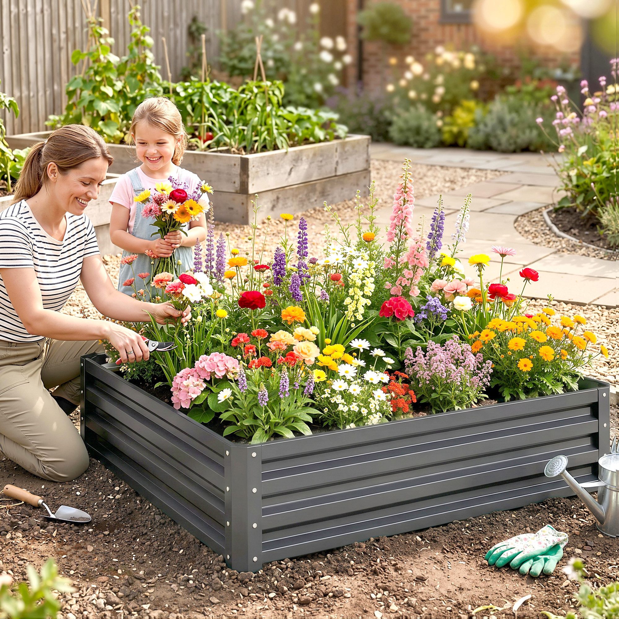 Outsunny Hochbeet Pflanzkasten, Kräuterbeet, Stahl, hellgrau (Blumenkasten, 1 St., Gemüsebeet), für Garten, Terrasse, Balkon, Stahl, Hellgrau, 120 x 120 x 30 cm