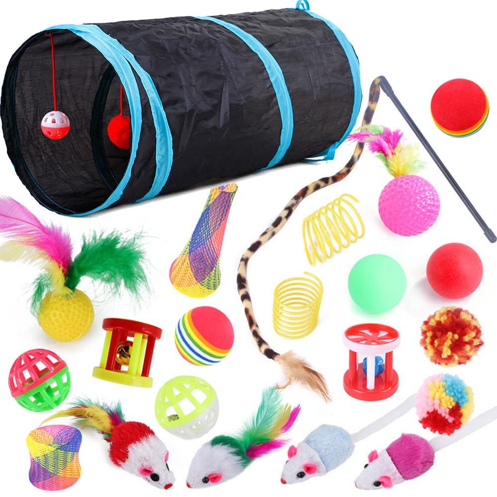 Srvillg Tier-Beschäftigungsspielzeug 21/22 STÜCKE Katzenspielzeug Set mit Katzentunnel, Interaktives Katzen Spielzeug für Kätzchen