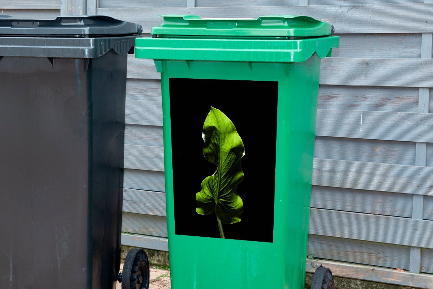auf Hintergrund grünes Mülleimer-aufkleber, MuchoWow schwarzem Sticker, Abfalbehälter Blatt Container, St), Mülltonne, (1 Ein Wandsticker