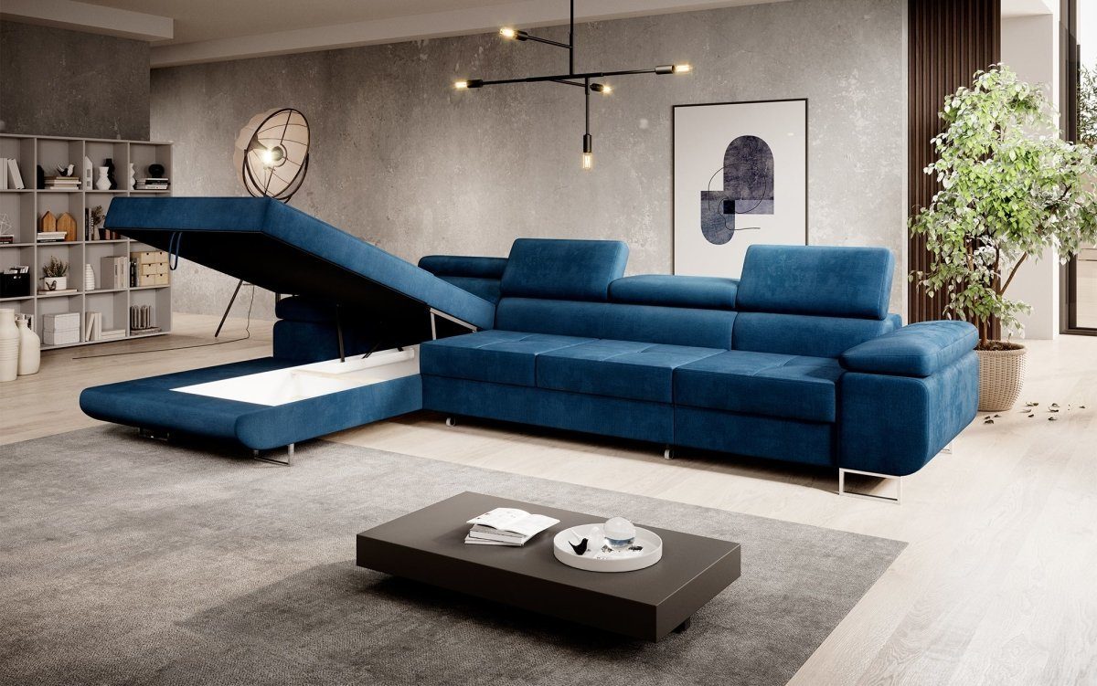 mit und Maxi, Luxusbetten24 Ecksofa Calvera Schlaf- Blau Klapptfunktion