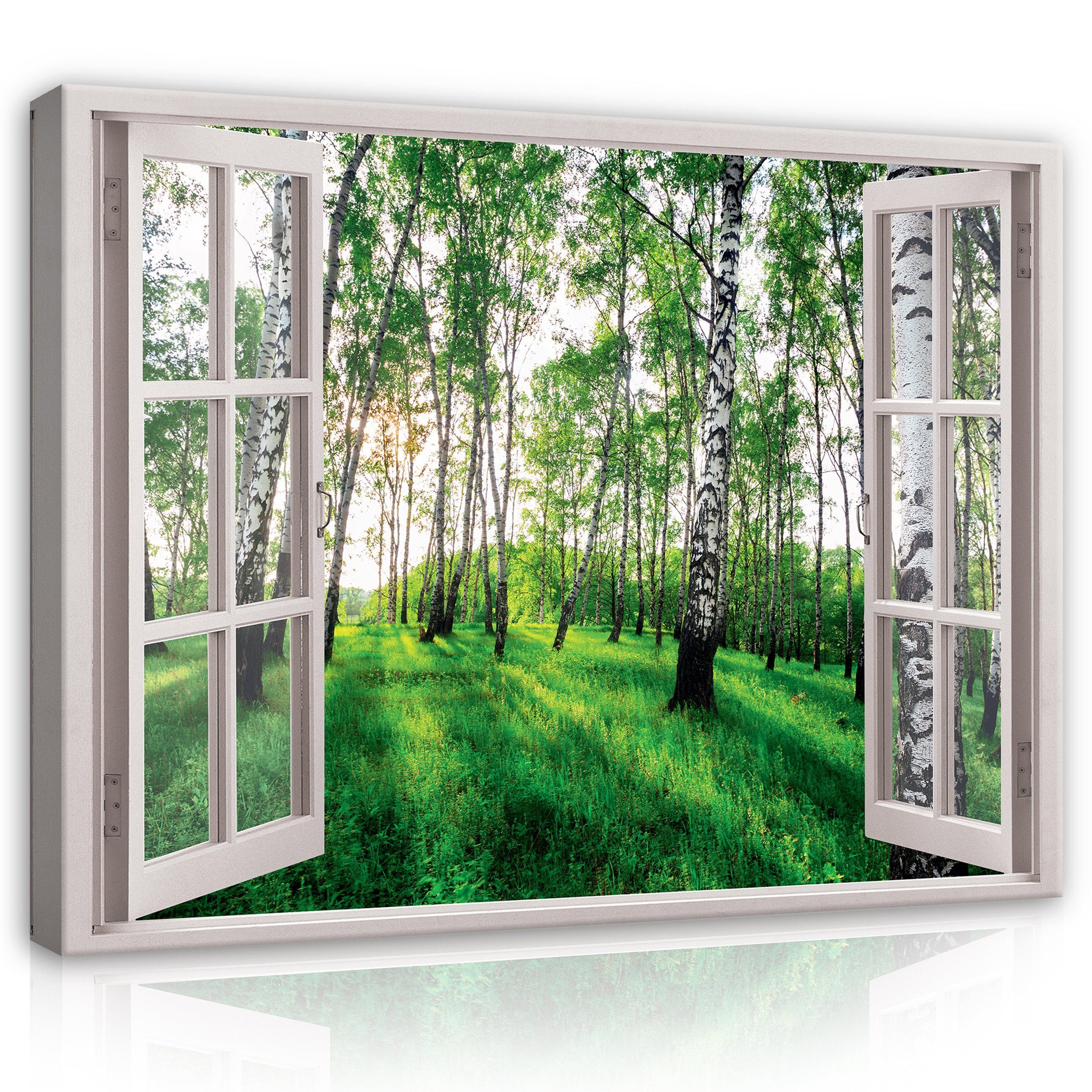 Leinwandbild Fensterblick Wald Birkenwald Grün Natur Fenster Wandbild Groß XXL