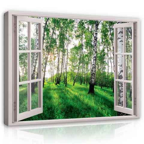 Wallarena Leinwandbild Fensterblick Wald Birkenwald Birken Natur Fenster Wandbild Groß XXL Wandbilder Leinwandbilder Modern Canvas Kunstdruck Bild Auf Leinwand Bilder für Wohnzimmer Schlafzimmer, (Einteilig), Aufhängefertig