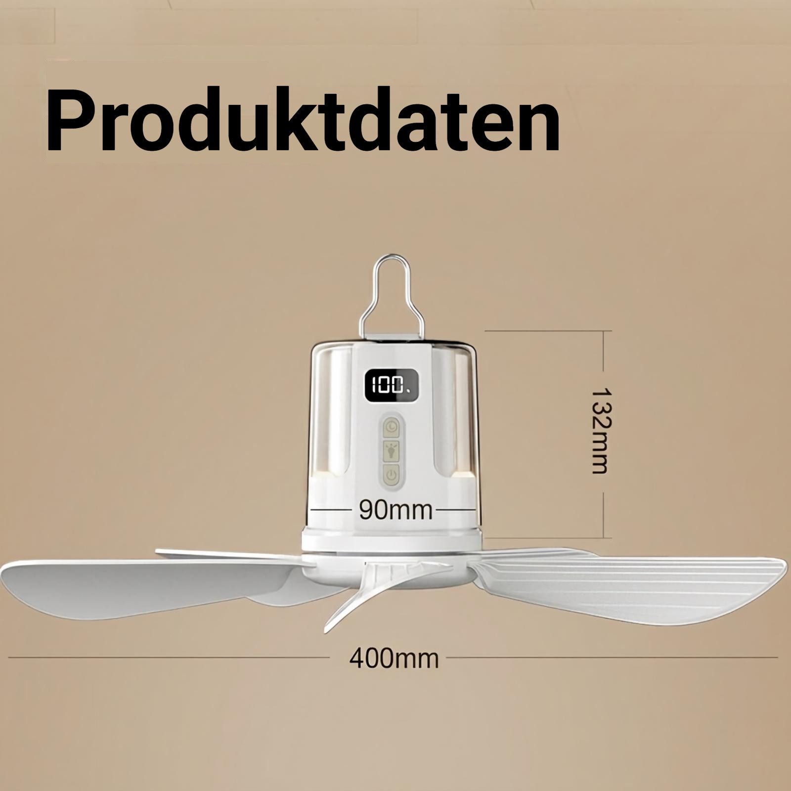 VIVIHEYDAY Deckenventilator Camping Ventilator, Tragbarer Deckenventilator mit Beleuchtung, USB, 4 Geschwindigkeiten & 1-12h Timer, Zeltdeckenventilator