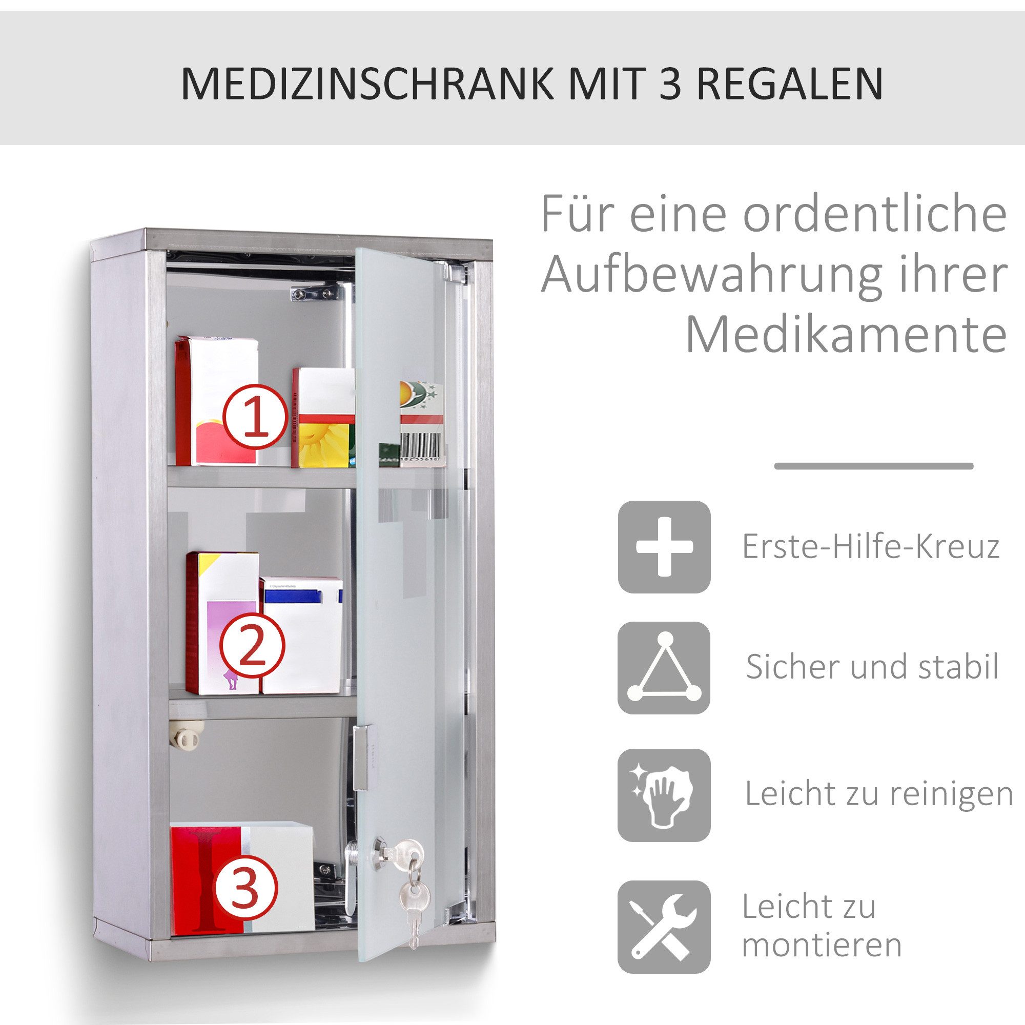 Celya Medizinschrank Medizinschrank aus Edelstahl Arzneischrank zur Medikamenten (Glastür 25 x 12 x 48 cm, Silber) Aufbewahrung, Abschließbar Medikamentenschrank mit 3 Fächer