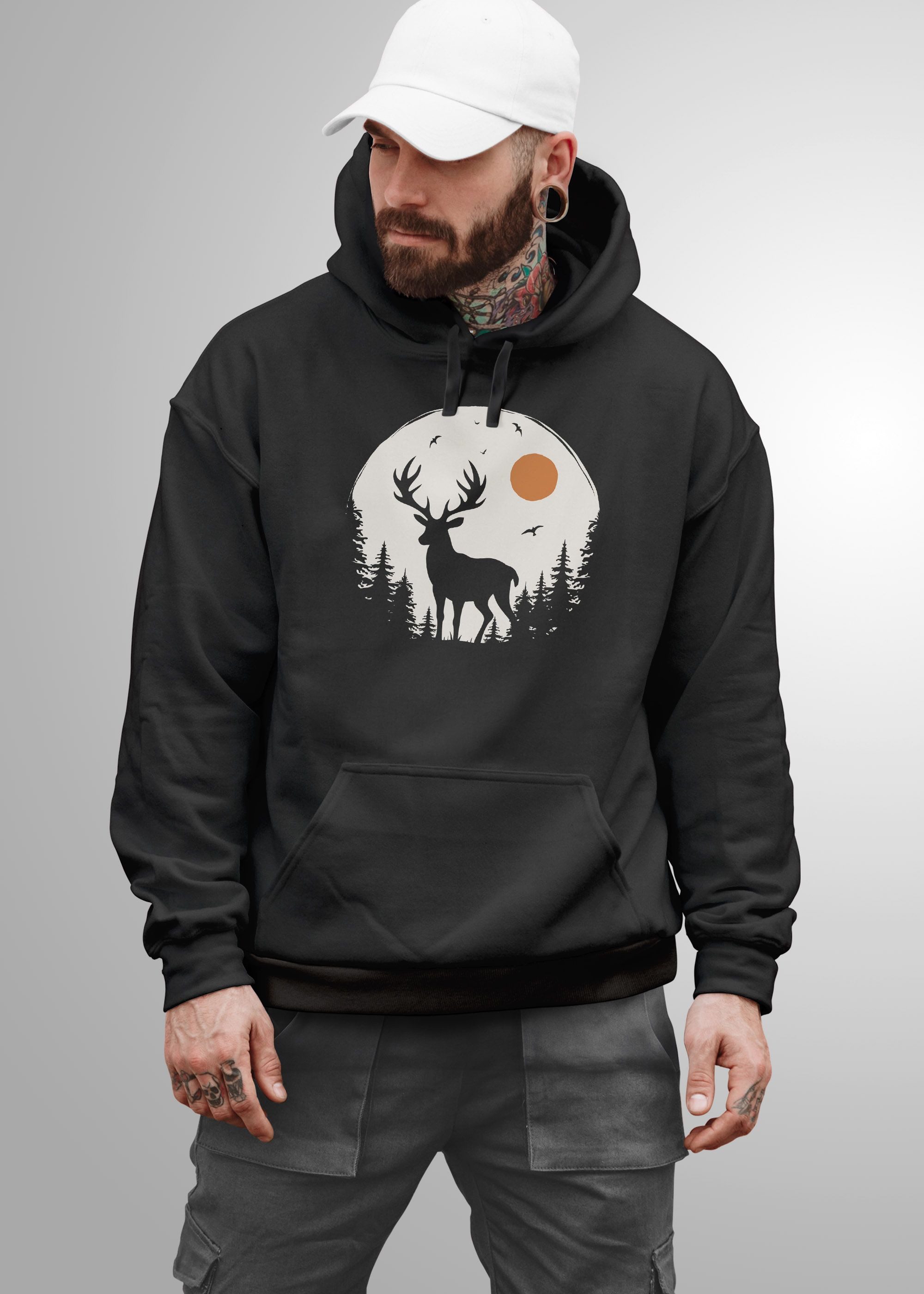 Neverless Hoodie Hoodie Herren Aufdruck Hirsch Wald Outdoor Natur Wildnis