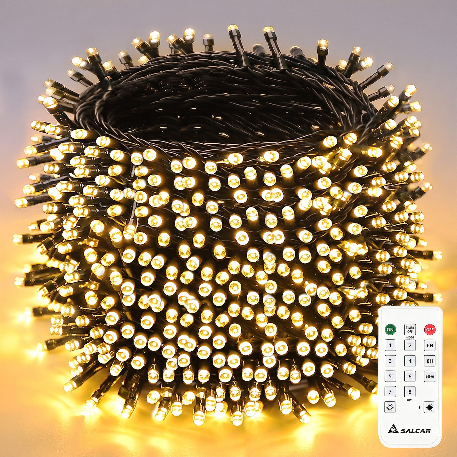 Salcar LED-Lichterkette 2m-100m LED Lichterkette Weihnachtsbaum 20-1660er LED Weihnachtsdeko, 60m 1000er LED mit Fernbedienung, 8 Modi und Memory, 31V