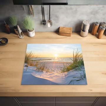 MuchoWow Herdblende-/Abdeckplatte Strand - Sonne - Düne - Gras - Sand - Horizont, Vinyl, (1 tlg), 59x52 cm, Ceranfeldabdeckung für die küche, Induktionsmatte