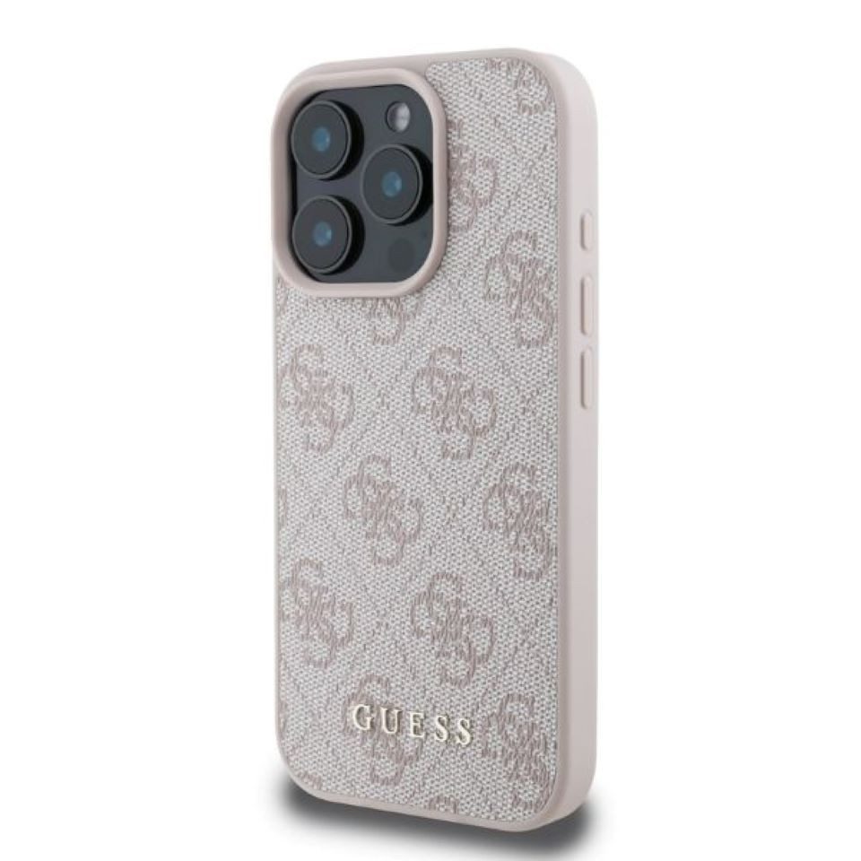 Guess Handyhülle Case iPhone 16 Pro Kunstleder rosa mit goldfarbenen Logo 6,3 Zoll, Kantenschutz
