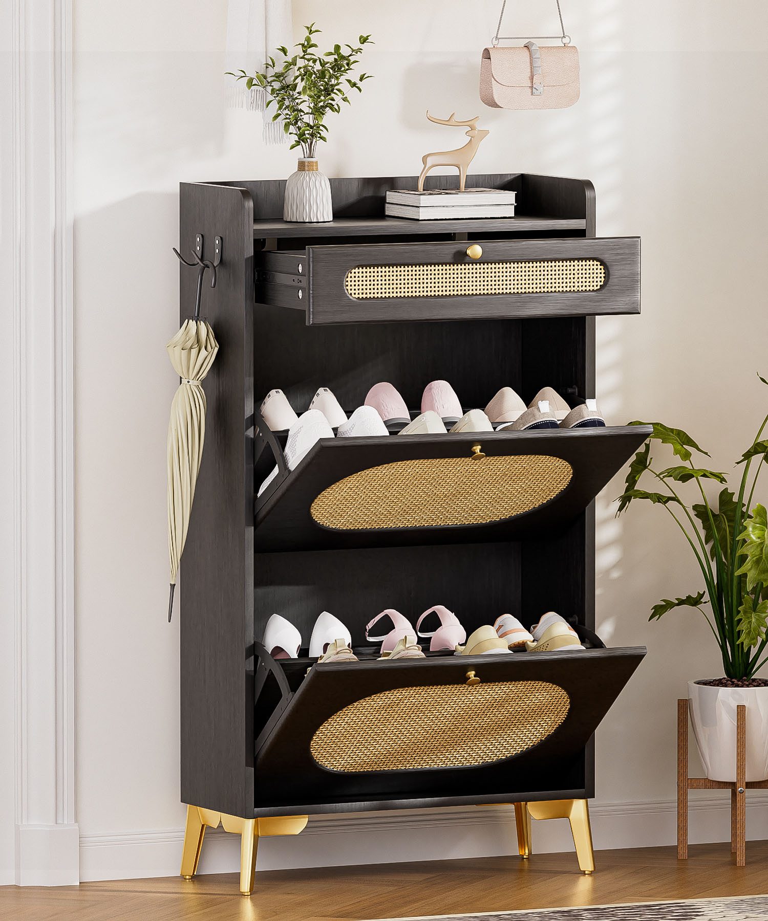 Yorbay Schuhschrank Schmal,Schuhkipper mit 2 Klappen & 1 Schublade,Rattan-Deko (60 x 24 x 110,5 cm) Metallbeinen & Haken, für Flur & Eingangsbereich