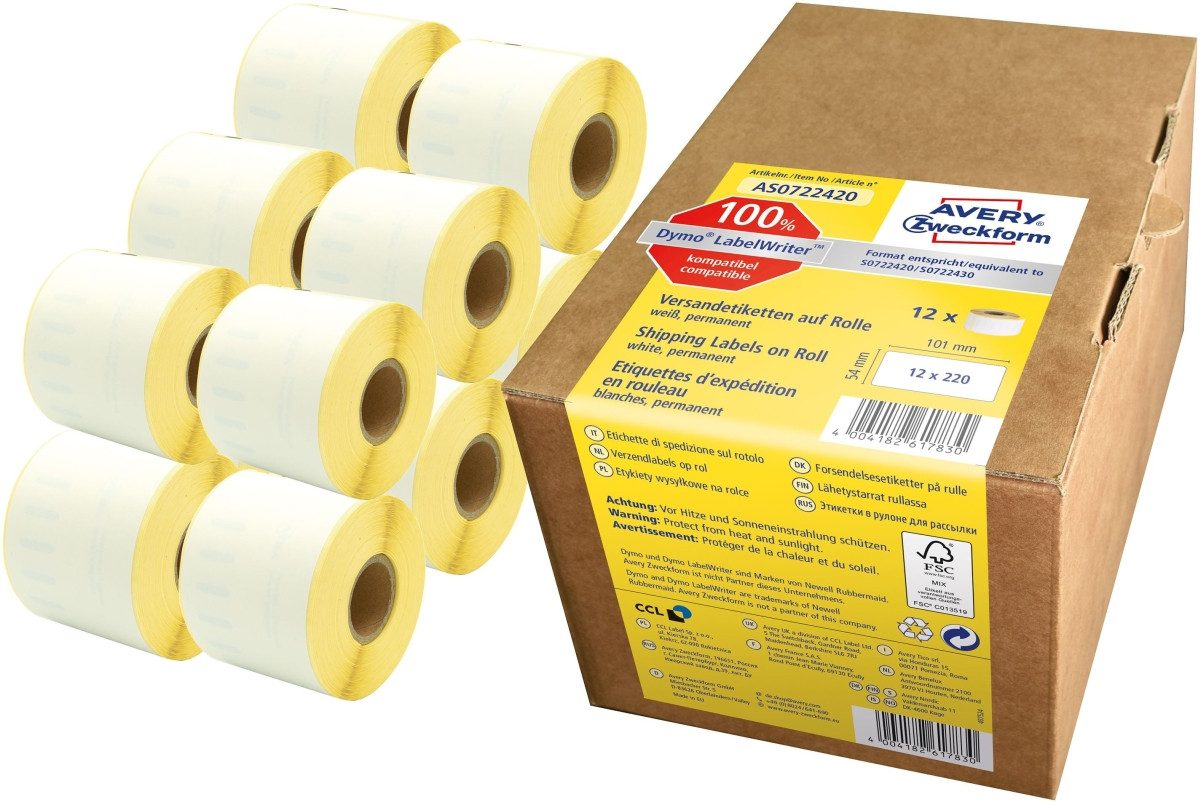 Etiketten Rollen-Etiketten Paketaufkleber 54x101mm 12 Rolle/2.640 Etiketten weiß