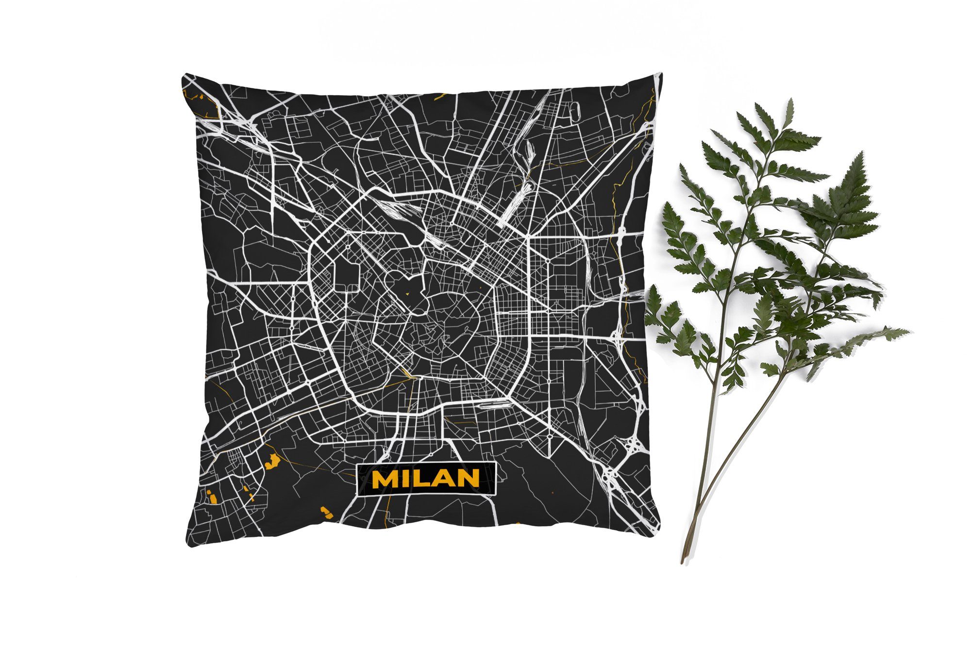 MuchoWow Dekokissen Mailand - Stadtplan - Gold - Karte, Zierkissen mit Füllung für Wohzimmer, Schlafzimmer, Deko, Sofakissen