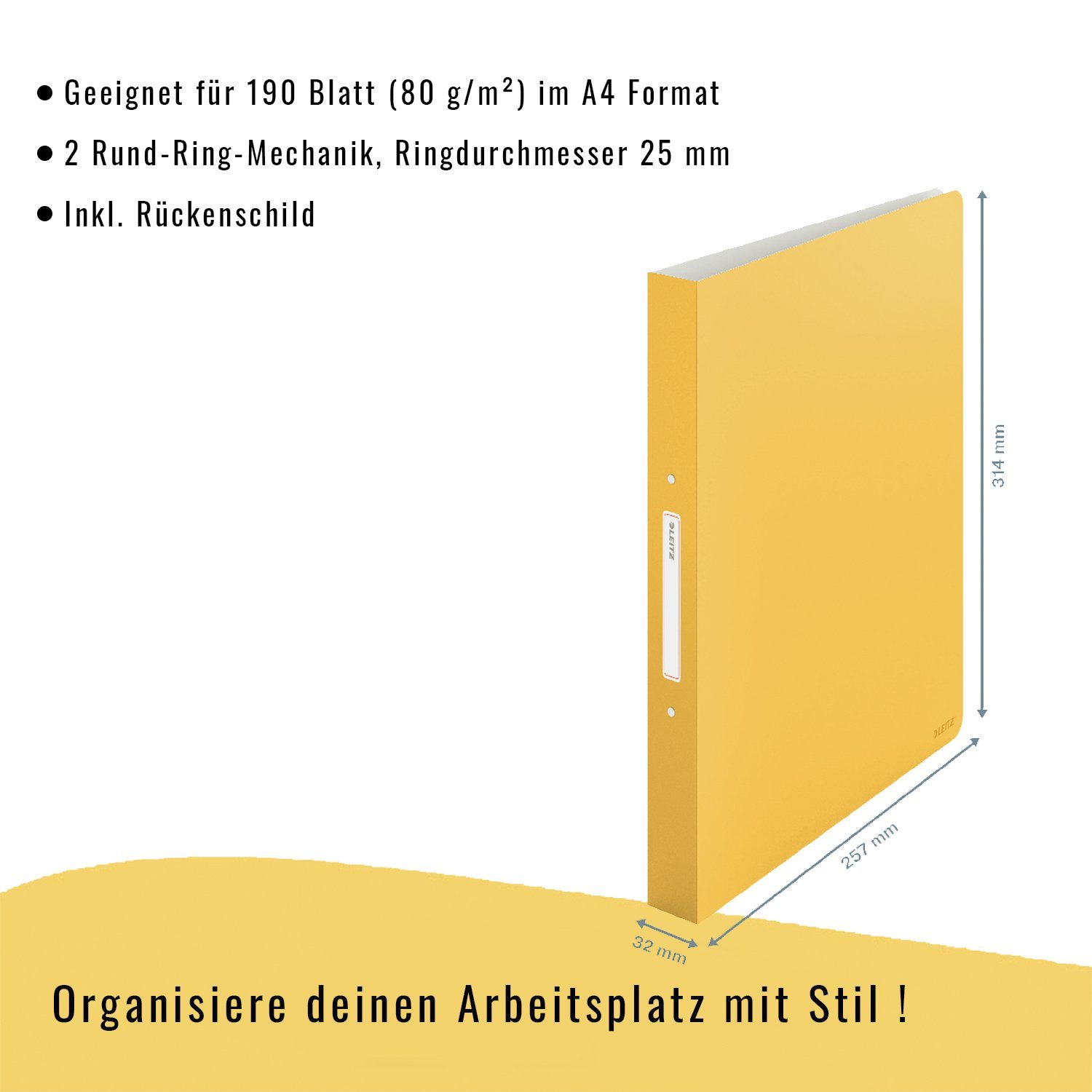 LEITZ Ringbuchmappe gelb 190 bis Blatt, Rückenschild für Cosy, zu beschriftbares