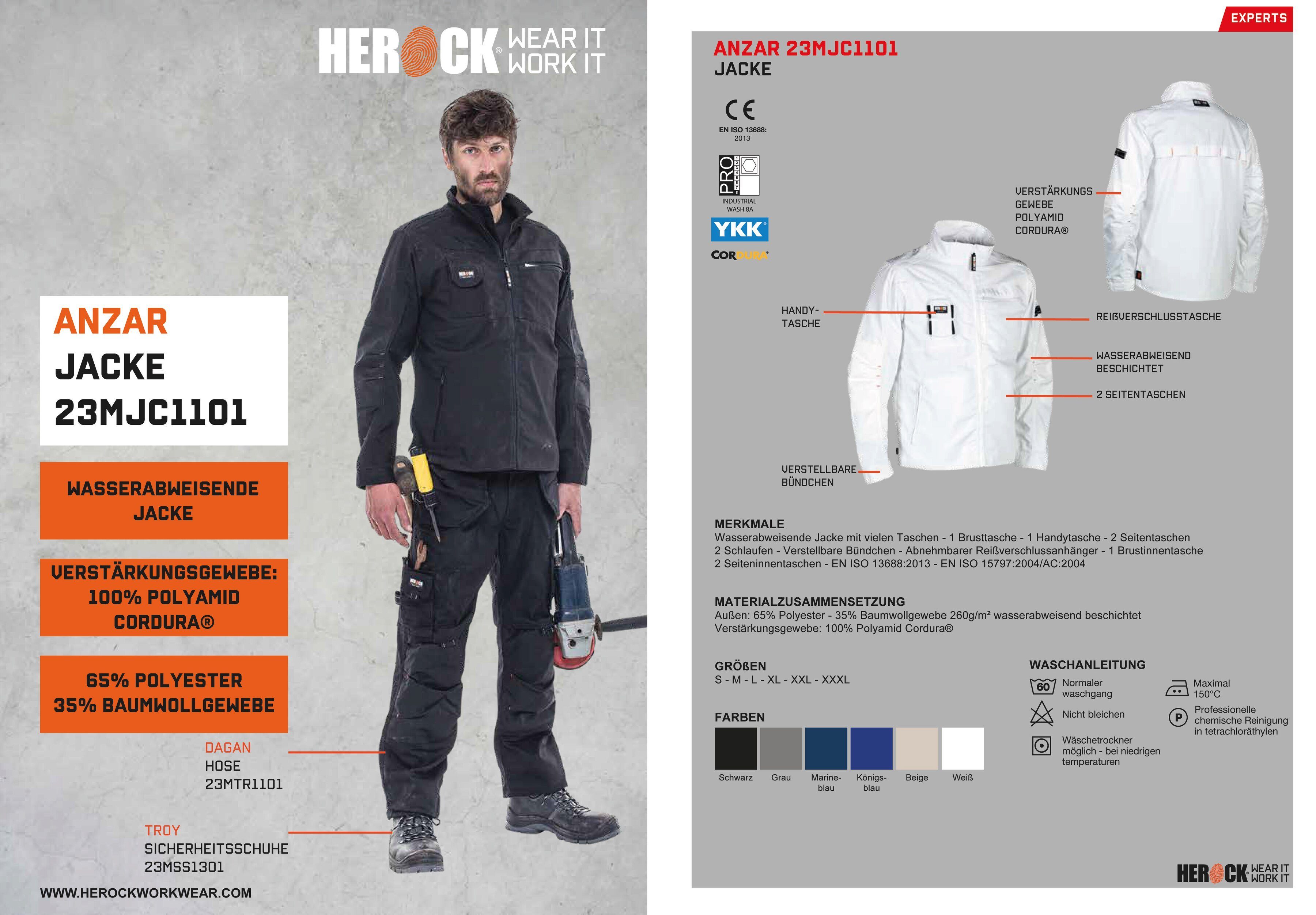 Anzar - weiß Arbeitsjacke Wasserabweisend Herock robust verstellbare 7 - Jacke Taschen Bündchen -