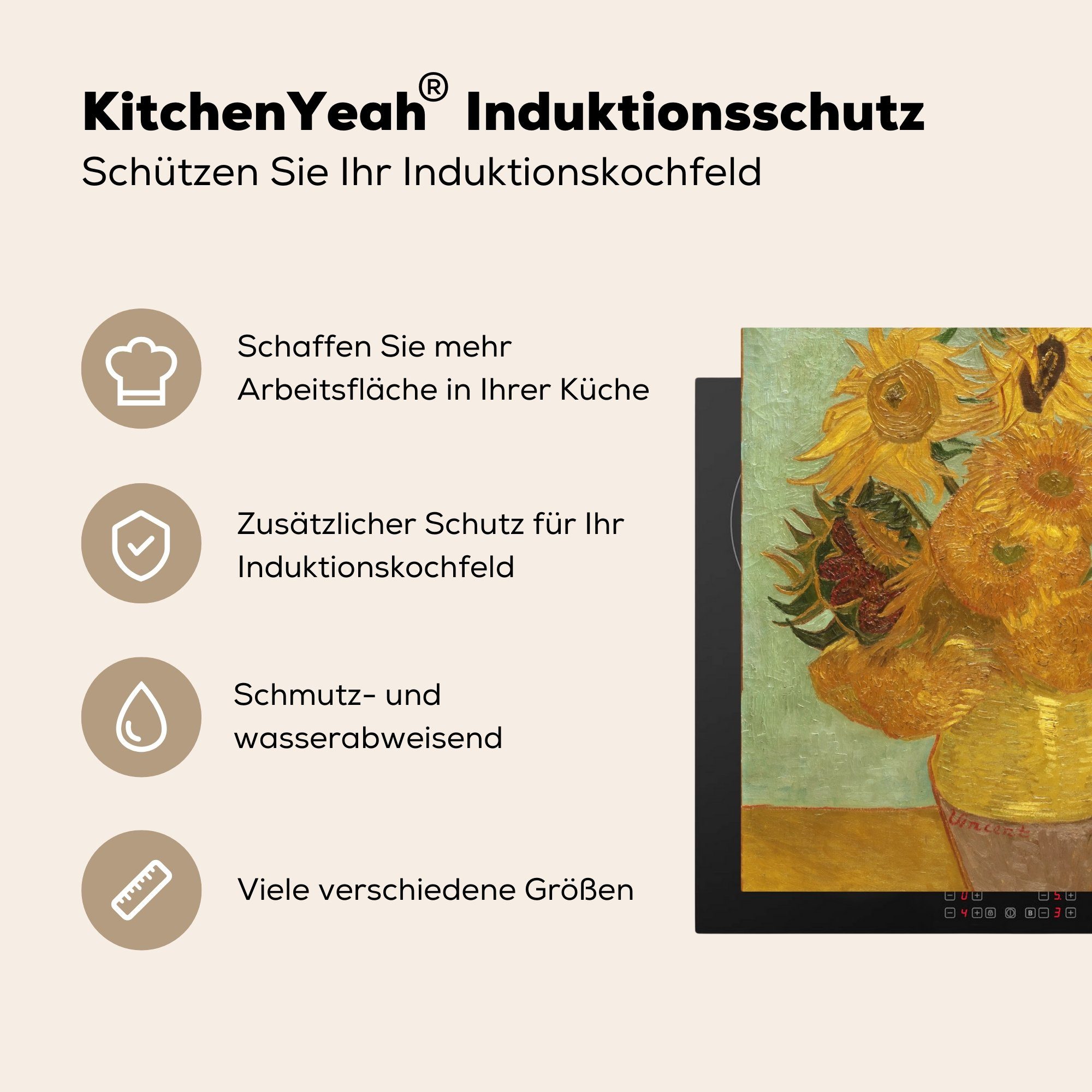 (1 cm, Vincent Herdblende-/Abdeckplatte - Arbeitsplatte Gogh, MuchoWow Sonnenblumen 78x78 für tlg), van Ceranfeldabdeckung, Vinyl, küche