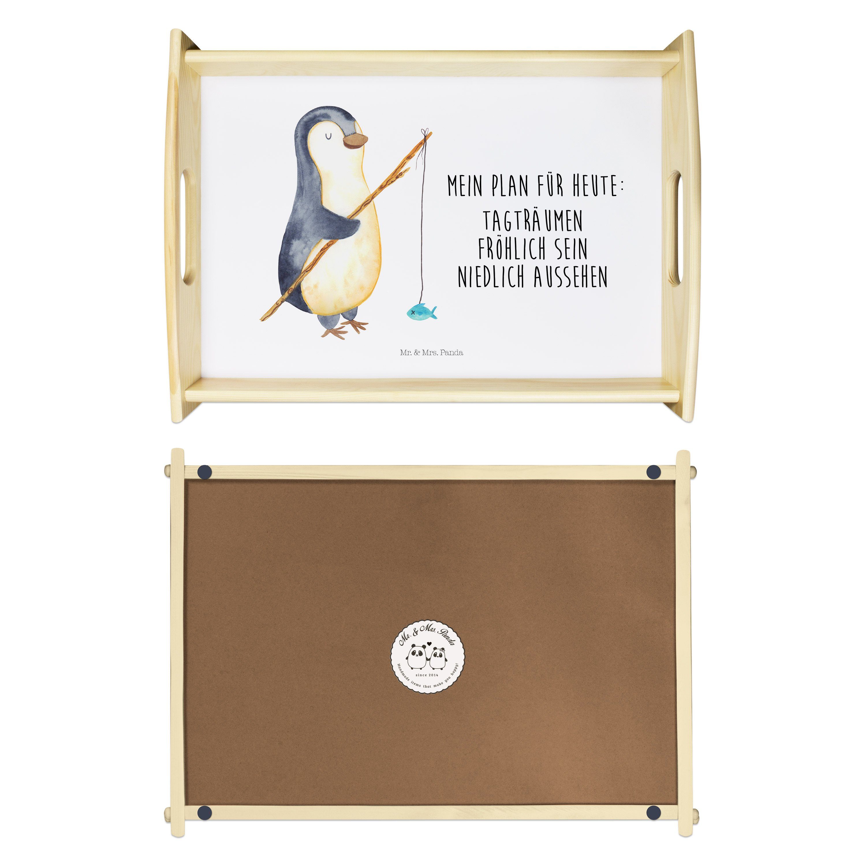 Mr. & Mrs. Panda Tablett Pinguin Angler - Weiß - Geschenk, Tablett, Fischer, Küchentablett, Mo, Echtholz lasiert, (1-tlg)