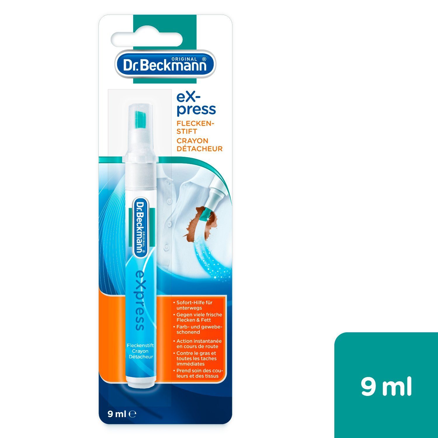 Dr. Beckmann eXpress Fleckenstift, Effektiver Fleckentferner für unterwegs, 9ml Fleckentferner (1-St)