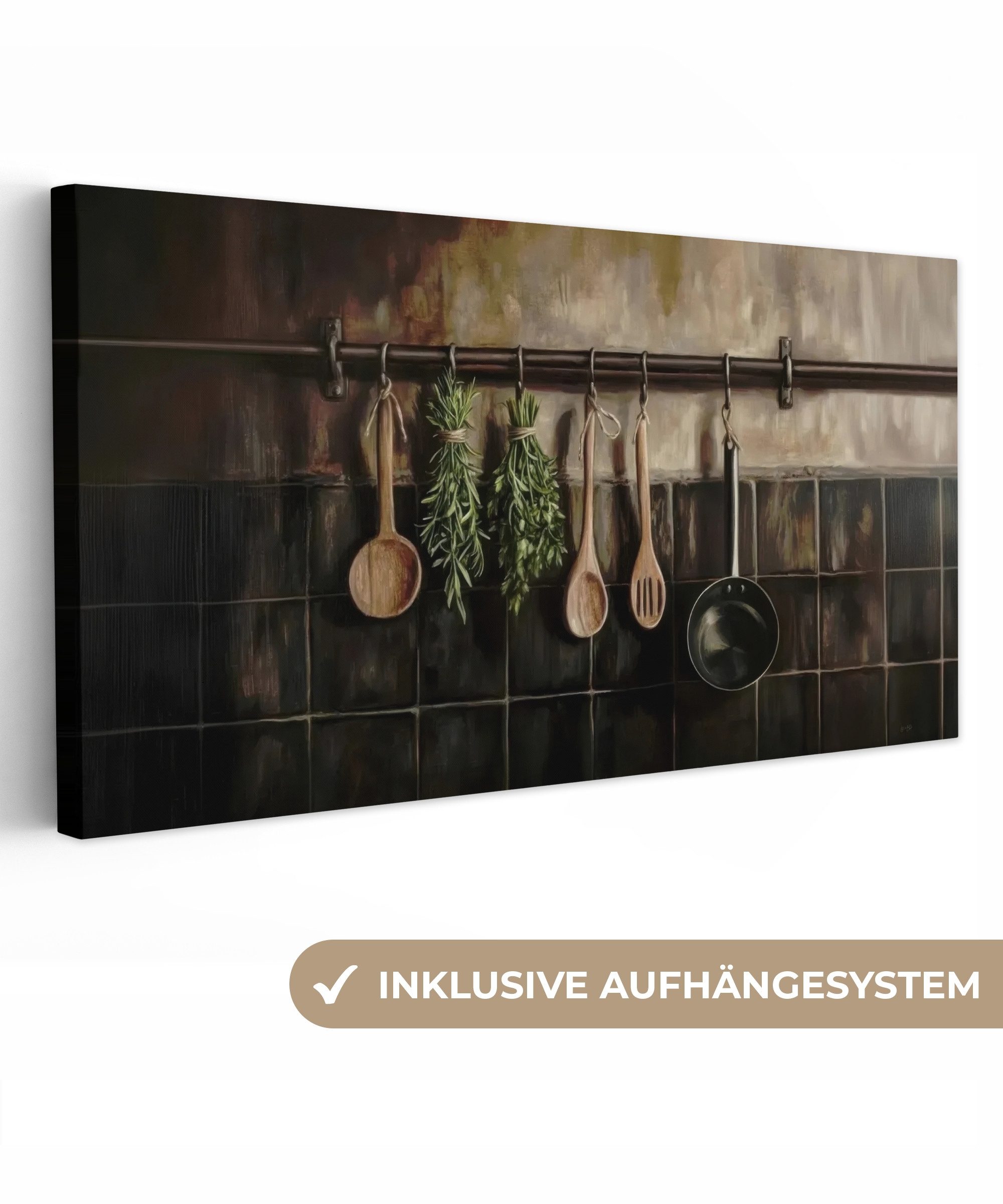 OneMillionCanvasses® Leinwandbild Panorama Küchengeräte - Rustikal günstig online kaufen