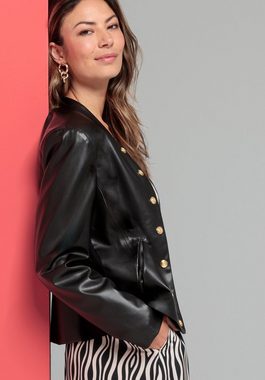 bianca Lederimitat-Blazer SHELA in angesagtem Schwarz, gepatcht mit Webstoff