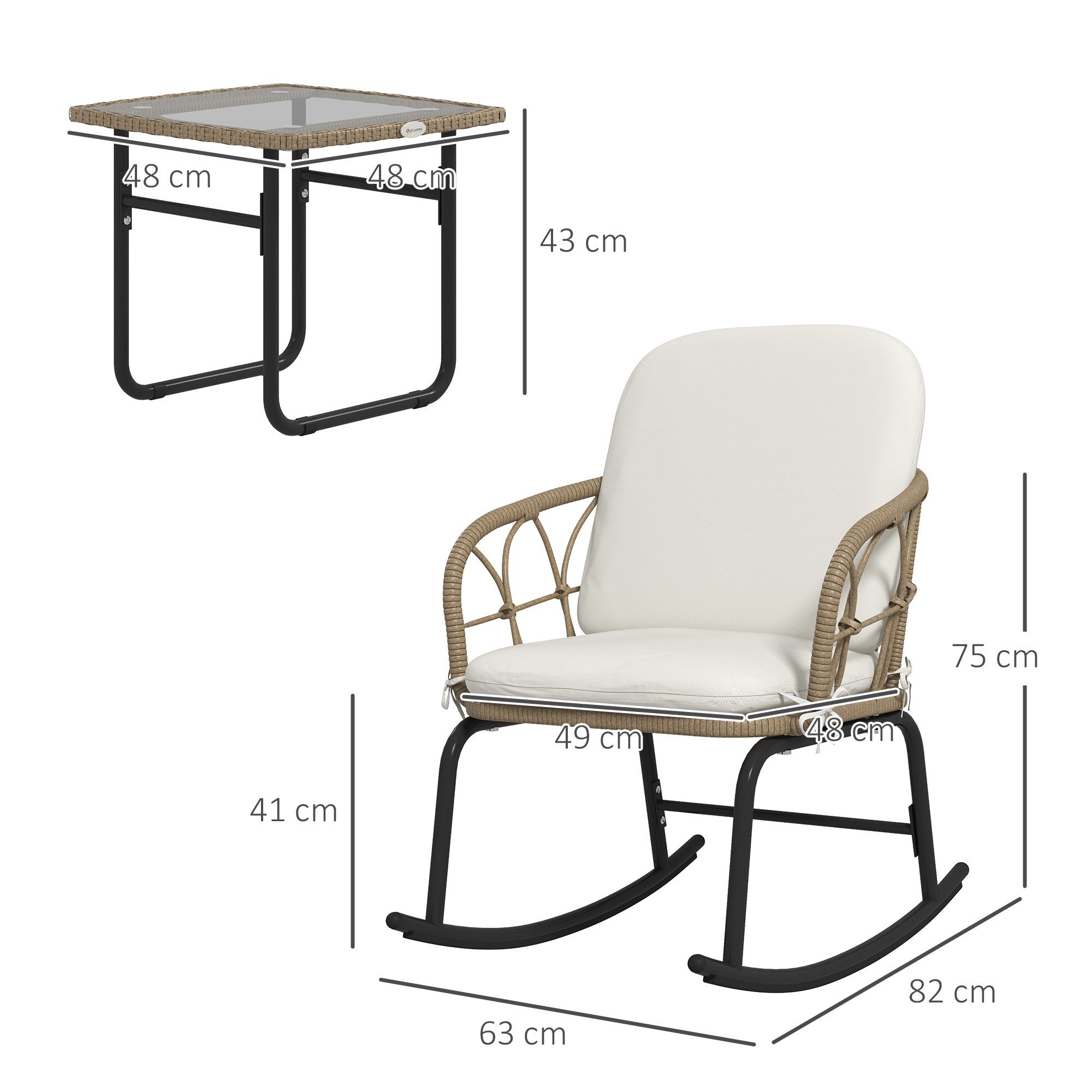 Outsunny Sitzgruppe Schaukelstuhl-Set Rattan, Gartenmöbel-Set mit 1 Couchtisch, (Gartensitzgruppe, 3-tlg., Gartengarnitur), mit Kissen, für Balkon, Terrasse, Cr – Bild 3 von 5