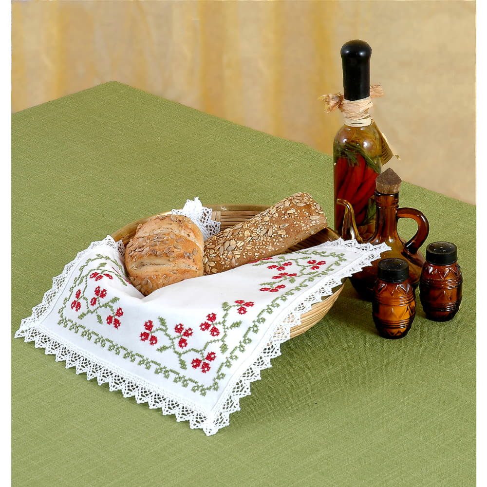 Hofer Kreativset Broodmand-servet met kant en Aida-veld om te borduren (30x30 cm), (embroidery kit by Marussia)