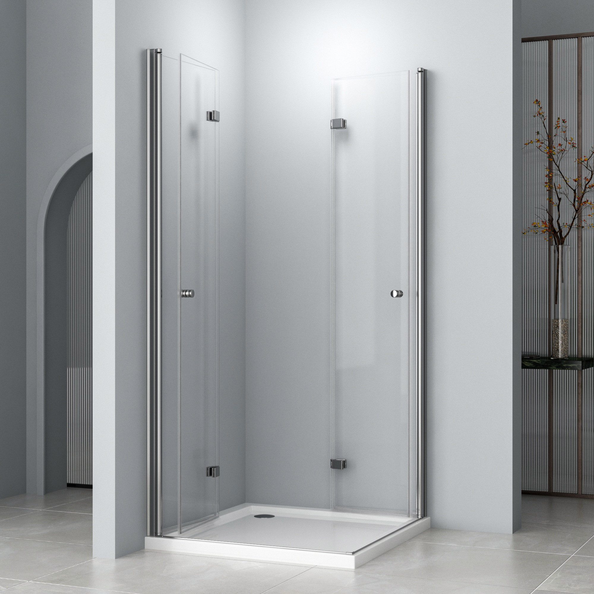 Hopibath Eckdusche Falttür Duschkabine 80x80 Eckeinstieg Pendeltür, BxT: 80x80 cm, 5mm Sicherheitsglas, Doppel Falttür, Duschtür mit 80cm Seitenteil, H: 195/185cm, mit Alu-Bodenleiste, Magnetverschluss, Hebe- / Senkfunktion
