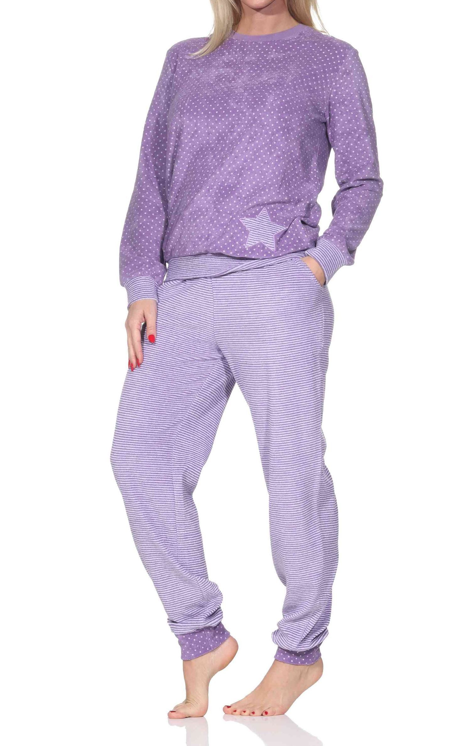 Normann Pyjama Normann Damen Frottee Pyjama mit Bündchen in Tupfen- und Ringeldesign