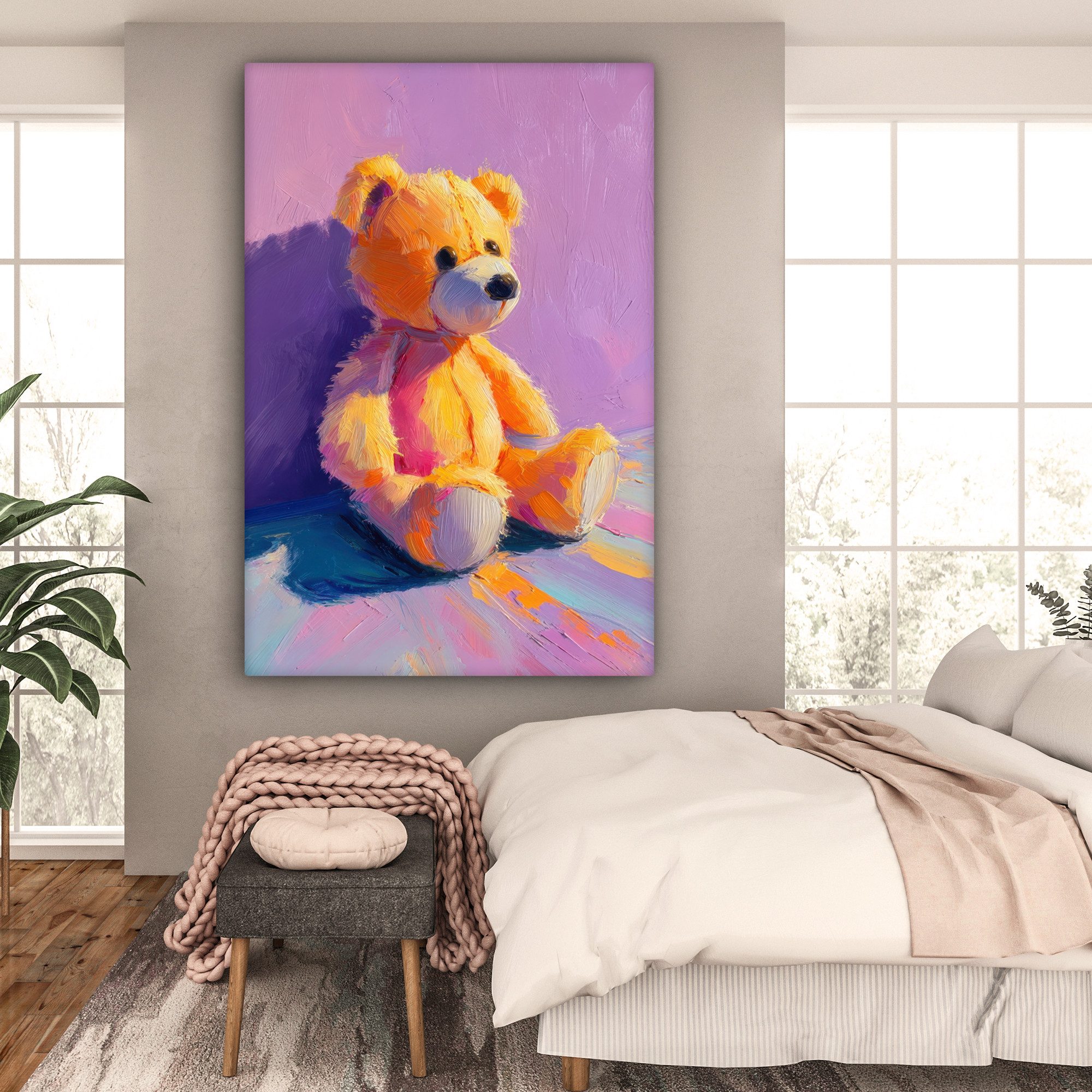 OneMillionCanvasses® Leinwandbild Teddybär - Schatten - Pinselstriche - Lila, Fotodruck (1 St), Leinwandbilder XXL für Wohnzimmer 90x140 cm