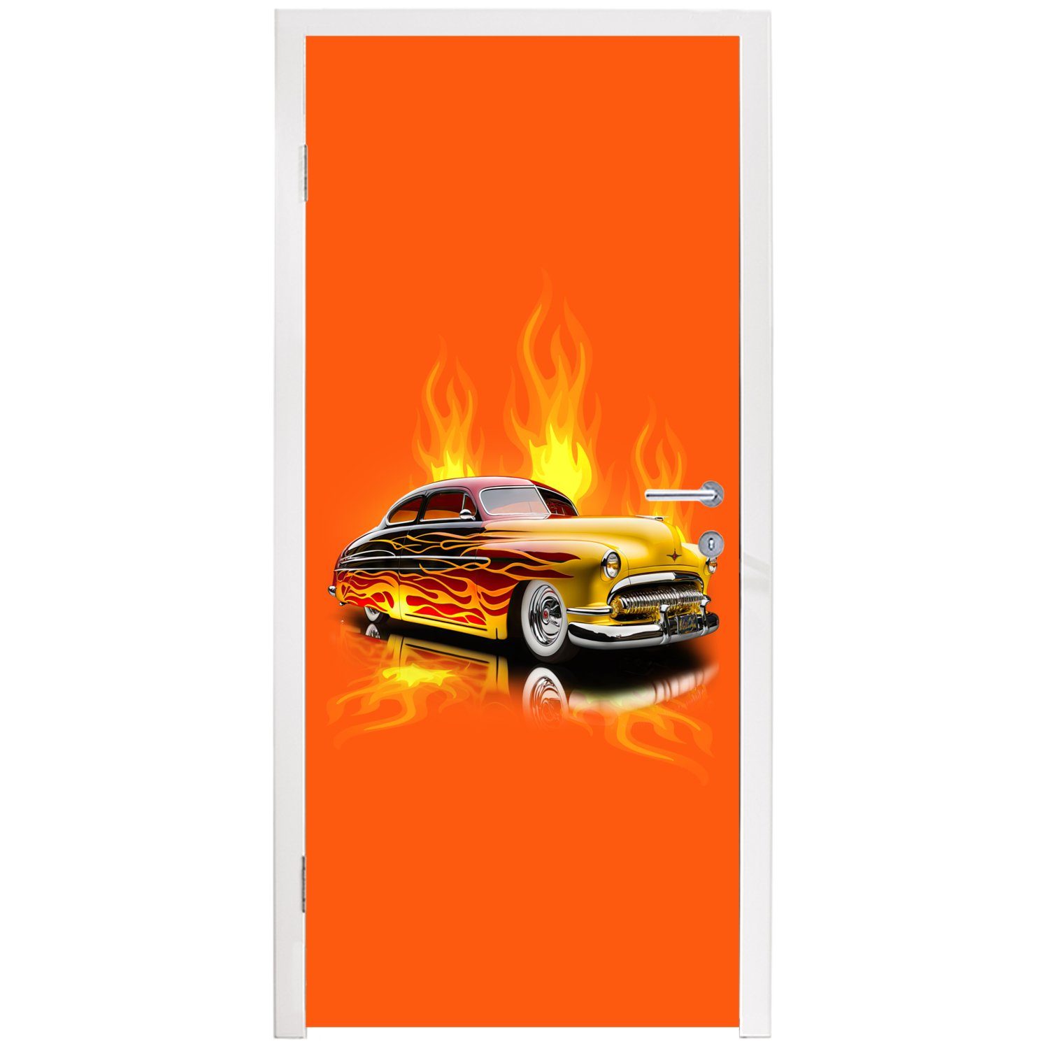 Orange MuchoWow Türaufkleber, Tür, 75x205 Feuer Fototapete Auto (1 für Vintage, - bedruckt, Türtapete Flammen - - cm - St), Matt,