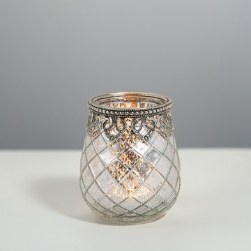 matches21 HOME & HOBBY Kerzenhalter Vintage Kerzenglas als Windlicht Laterne silber in 9 x 10 cm, Moderner Glas Kerzenhalter als Wohnzimmer Balkon Hochzeit Tisch-Deko
