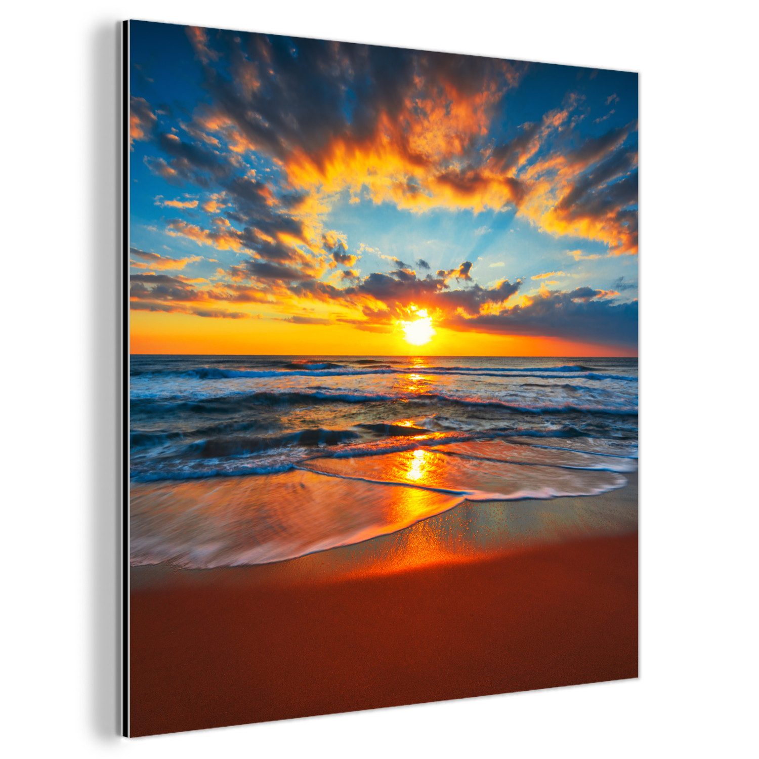 MuchoWow Metallbild Meer - Sonnenuntergang - Strand - Wolken - Orange, Inkl. Aufhängung, Alu-Dibond-Druck, Wandbild aus Metall, Aluminium deko, 20x20 cm
