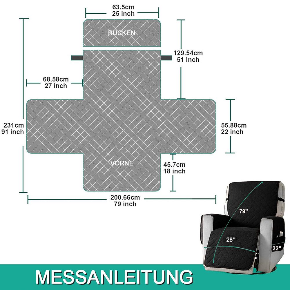 TUWENA Sesselschoner Wasserdichter Sesselüberwurf Mit Taschen, Kratzfest Sesselüberzug, 1 Sitzer Anti-Rutsch Sesselschoner für Relaxsessel Mit Taschen