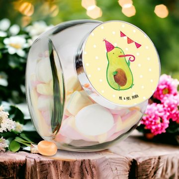 Mr. & Mrs. Panda Vorratsglas XL 2000ml Avocado Party Zeit - Gelb Pastell - Geschenk, Vorratsglas, Premium Glas, (1-tlg), Herzmotiv