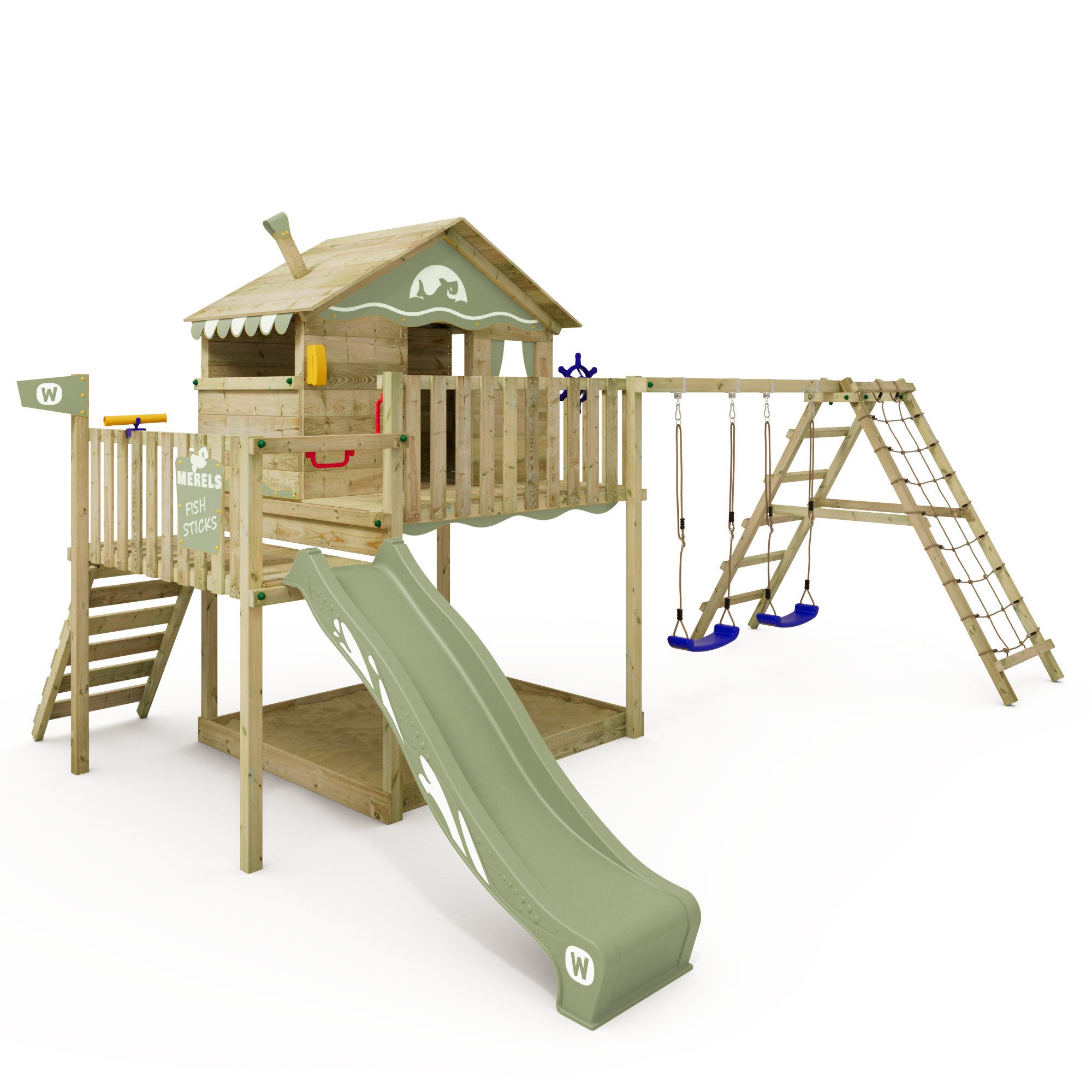 Wickey Spielturm Smart Ocean – Abenteuer-Stelzenhaus mit Rutsche & Kletteranbau, Wetterfestes & langlebiges Holz – mit 10 Jahren Garantie*