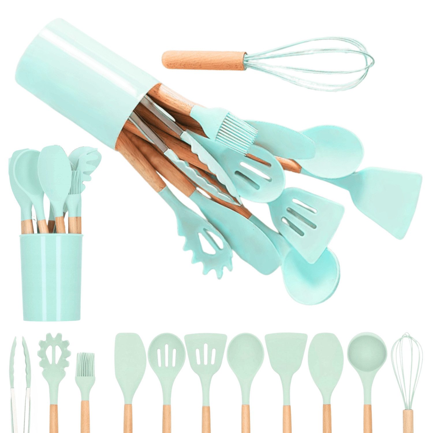 Hard-er Kochbesteck-Set Küchenutensilien-Set 12-teilig Mint aus Silikon und Bambus (Küchenutensilien-Set, 12-teiliges Küchenutensilien-Set mit Aufbewahrungsbehälter), schonend zu beschichtetem Kochgeschirr und hitzebeständig bis 230 °C