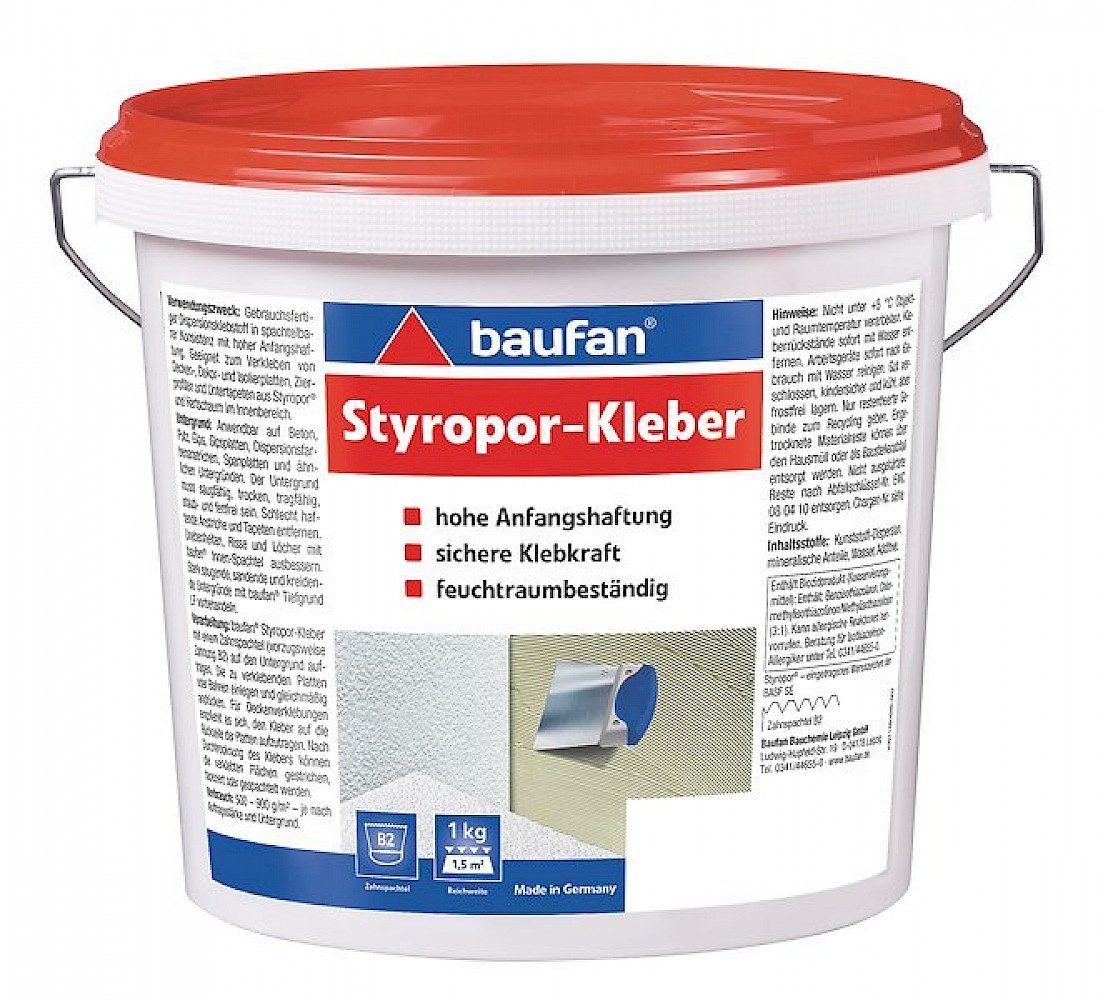 baufan® Dispersionskleber Styroporkleber Lösungsmittelfreier Klebstoff Spezialkleber, Geeignet für: Dekor-, Decken- und Isolierplatten sowie Zierprofile