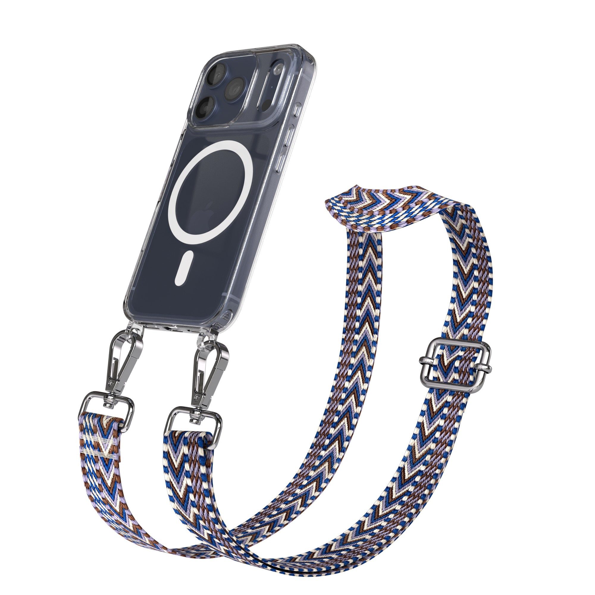 EAZY CASE Handykette Umhängeband MagSafe Hülle für Apple iPhone 17 Pro 6,3 Zoll, Handyband zum Wechseln geflochtenes Taschenband Festivalbag Boho Blau