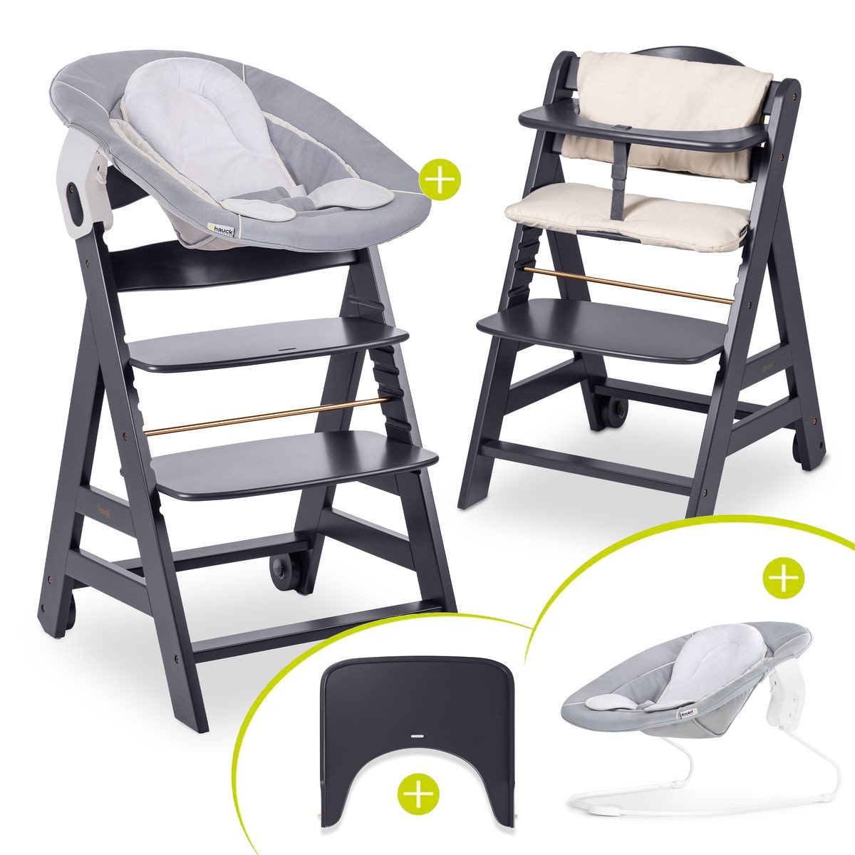 Hauck Hochstuhl Hauck Beta Plus Dark Grey Newborn Set, Holz Babystuhl ab Geburt mit Neugeborenenaufsatz, Sitzkissen, Essbrett