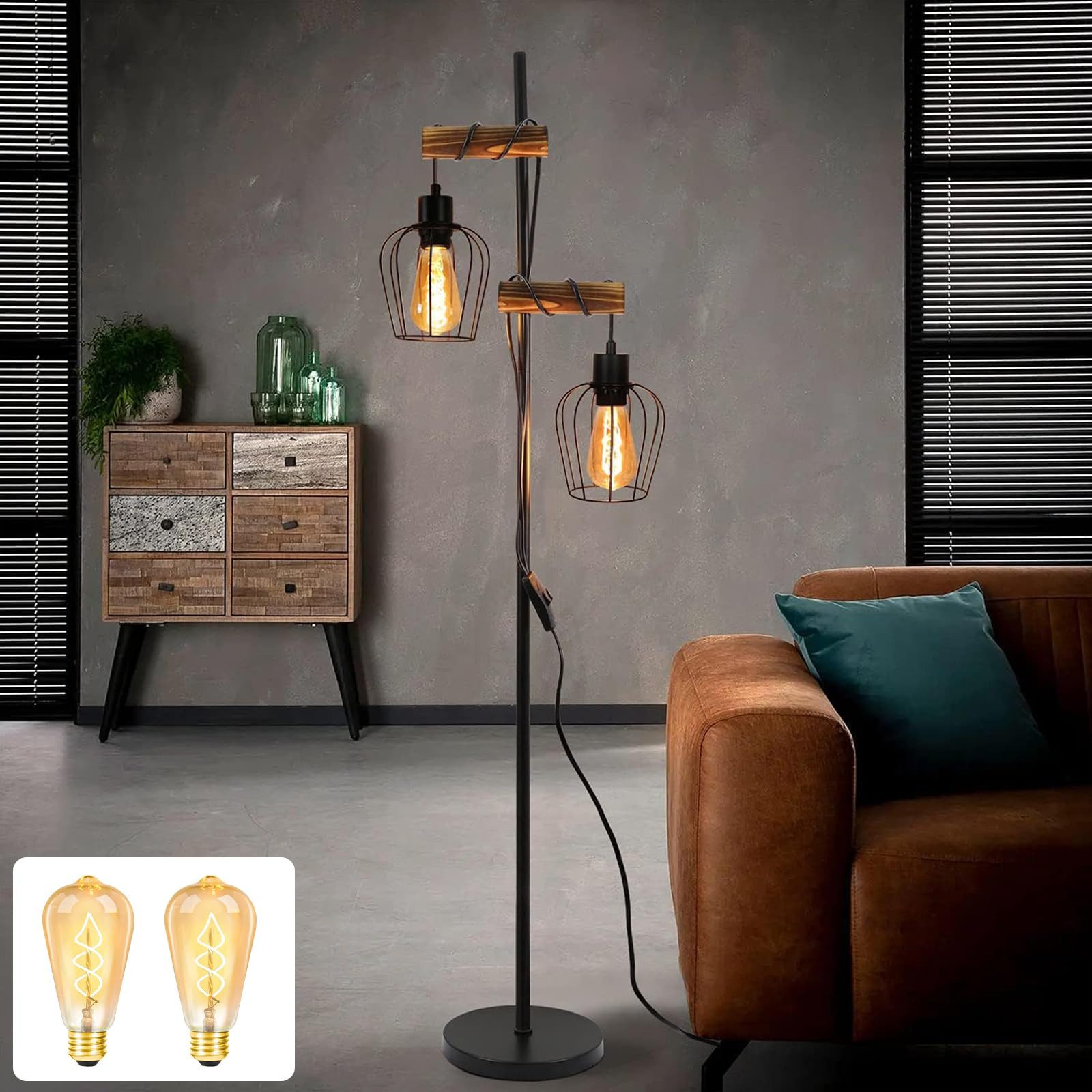 Nettlife Stehlampe Holz Vintage E27 2 Flammig Wohnzimmer Metall Schwarz Bir günstig online kaufen