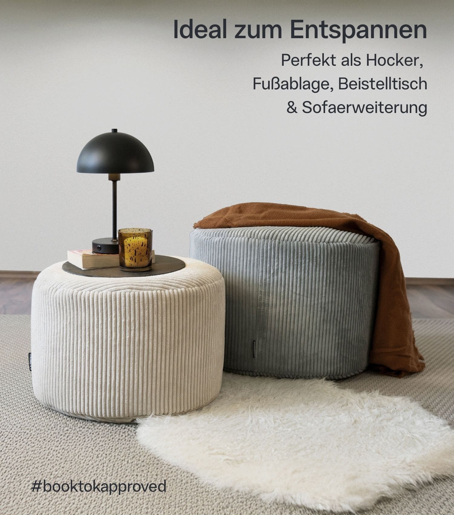 mokebo Pouf Mochi (rund und aus Cordstoff), Made in Germany, Sitzhocker, Bodenkissen, Fußhocker in Beige – Bild 4 von 5