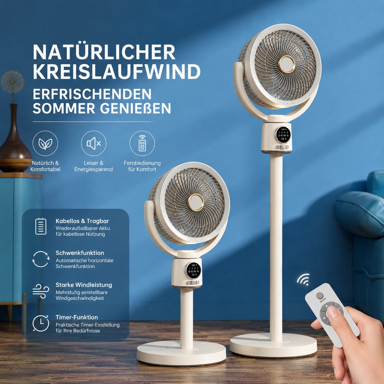 MOPUEA Standventilator Standventilator Tischventilator 5Stufen Fernbedienung höhenverstellbar, 5 Windstufen, 140° Oszillation, 9-h-Timer, Nachtlicht und Akkubet – Bild 4 von 5