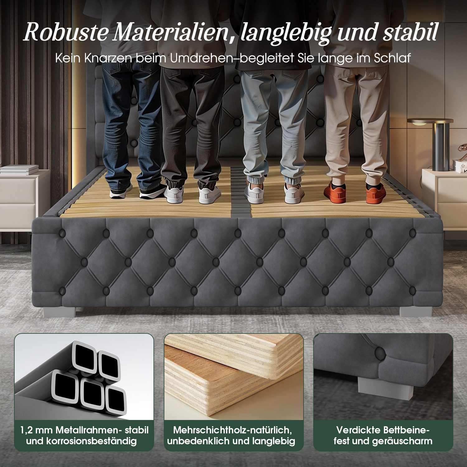 Lexzurn Polsterbett Doppelbett 140x200 cm,mit LED-Licht und Ladeanschluss (hydraulisches Speicherbett (680-Liter-Stauraum, Metallrahmen und Massivholz-Lattenrost,geräuscharmes Design), USB-Anschluss/Doppelsteckdose, Aufladen ohne Aufstehen), Samtstoff