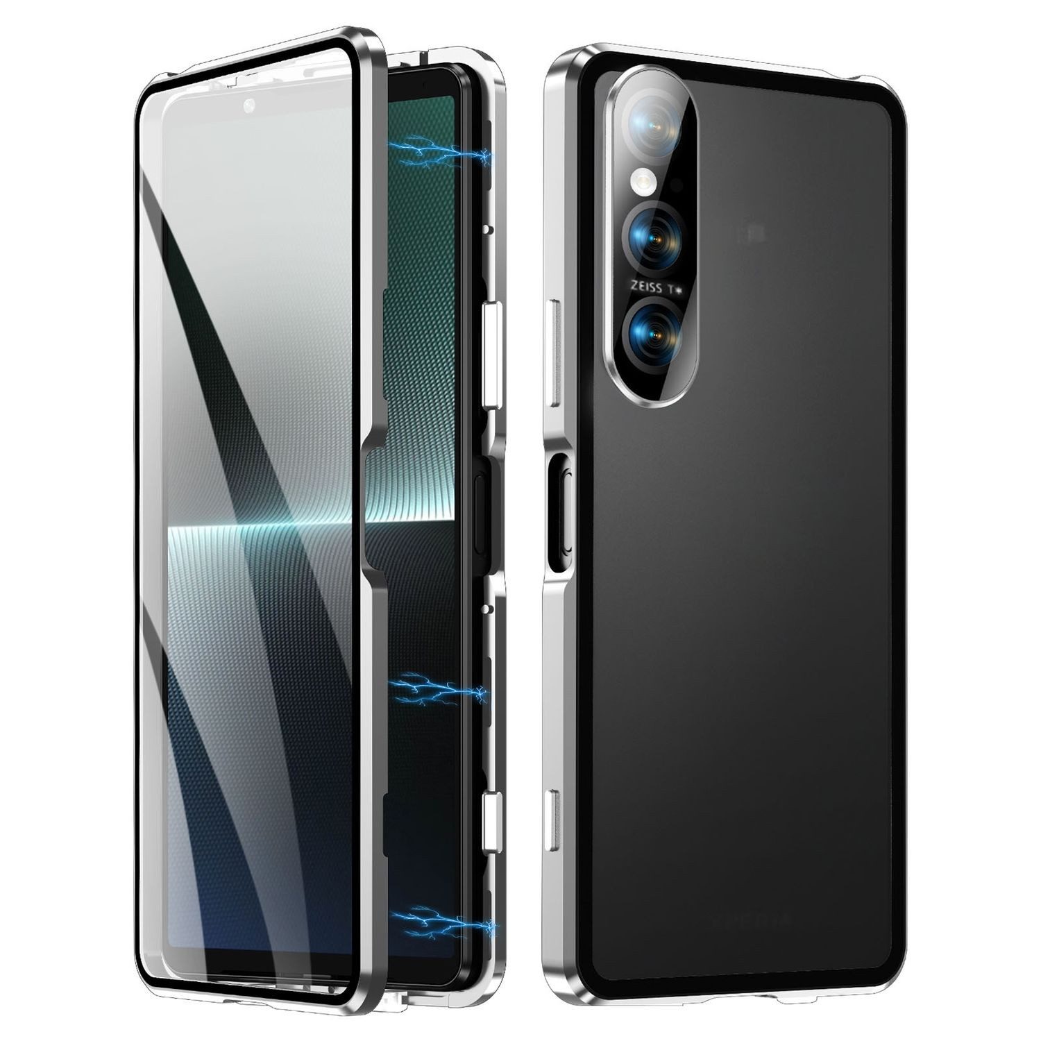 Wigento Handyhülle Für Sony Xperia 1 V Beidseitiger 360 Grad Magnet Glas Hülle Bumper