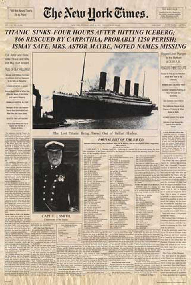empireposter Poster Titanic New York Times Newspaper 1912 Maxi-Poster - Größe 61x91,5 cm