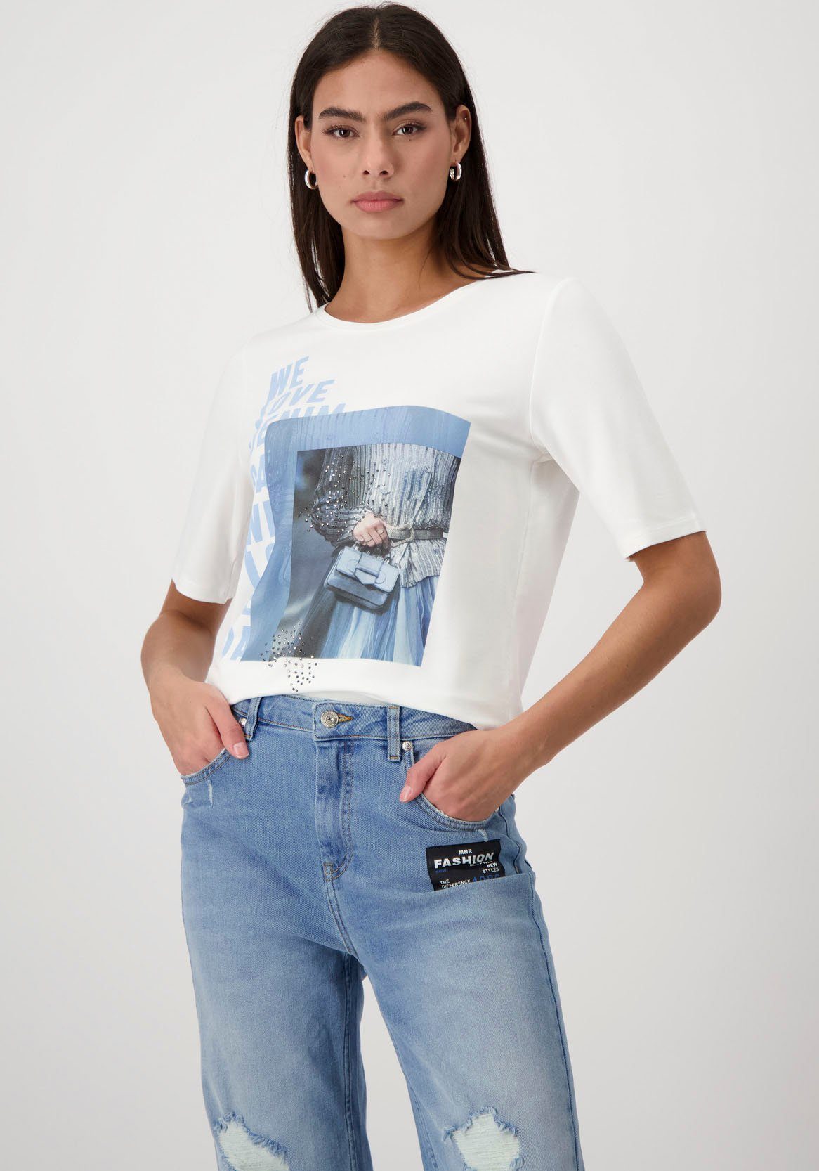 Monari Rundhalsshirt mit Frontprint, Shirt Glitzernieten Monari Fotoprint und mit von