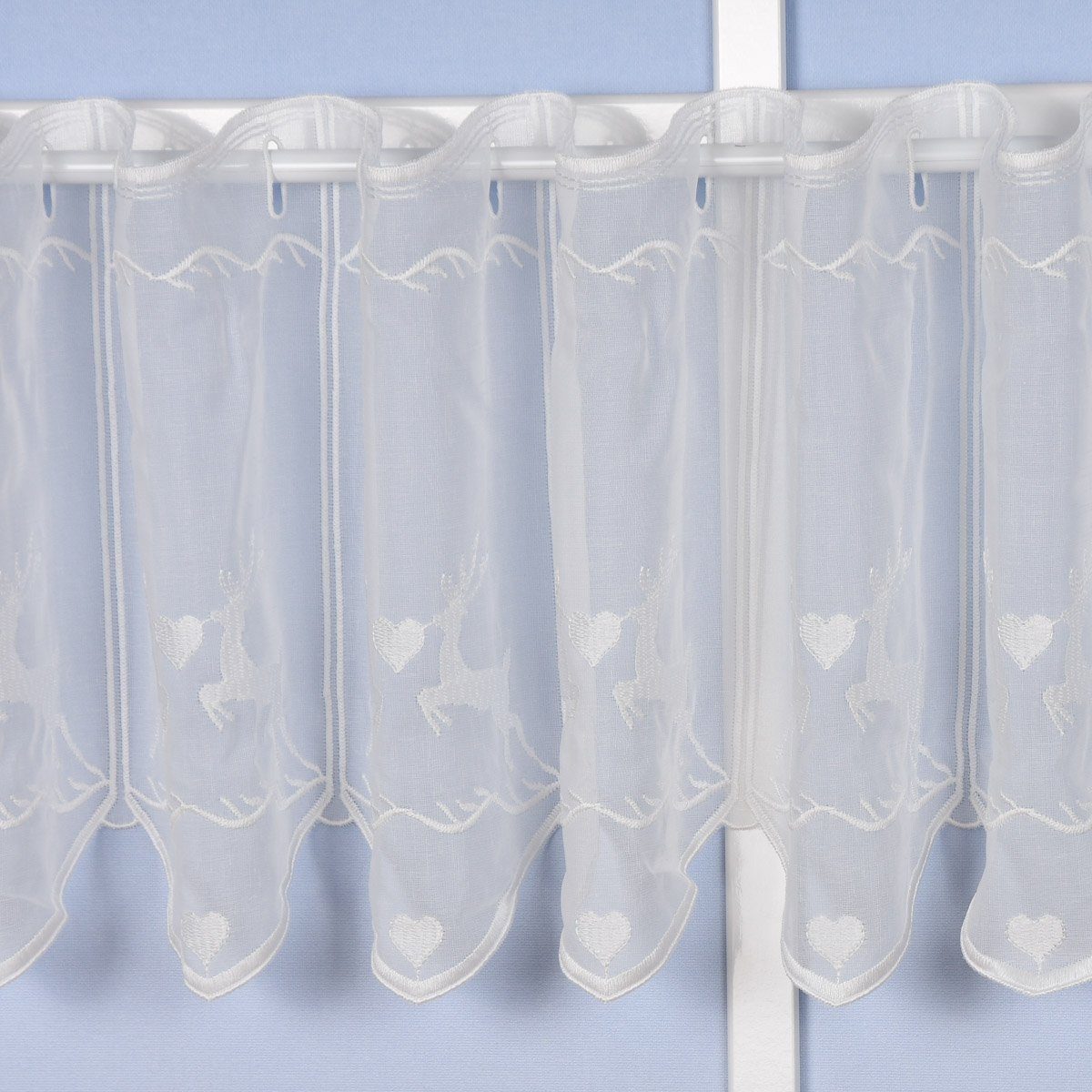 SCHÖNER LEBEN. Meterware Stickerei-Scheibengardine transparent und nähfrei Hirschen und Herzen, halbtransparent, Stickerei/Stickstoff, bestickt