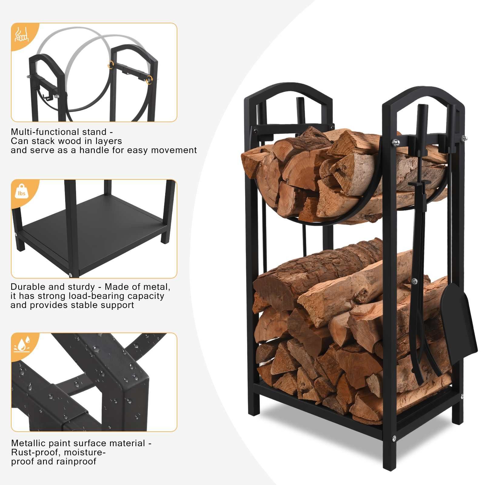 BBWL Kaminholzregal kompakter Brennholzständer mit 4-tlg Werkzeugset für Kamin & Ofen, BxTxH:40x30x75 cm, Kaminholzregal Set aus Metall mit Kaminbesteck – Bild 5 von 5