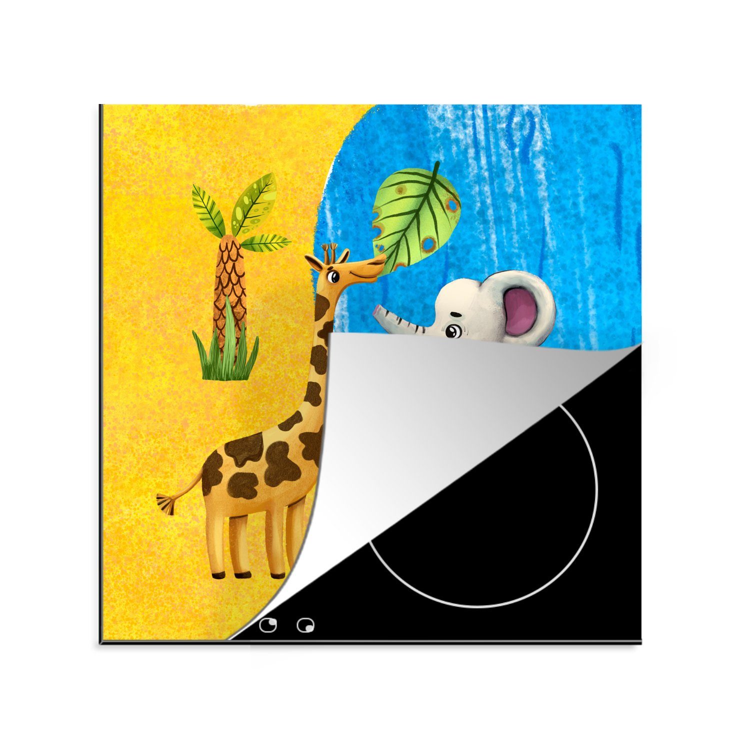 küche Meer, Arbeitsplatte 78x78 Vinyl, (1 tlg), - Strand Giraffe MuchoWow cm, Herdblende-/Abdeckplatte - Ceranfeldabdeckung, für Elefant -