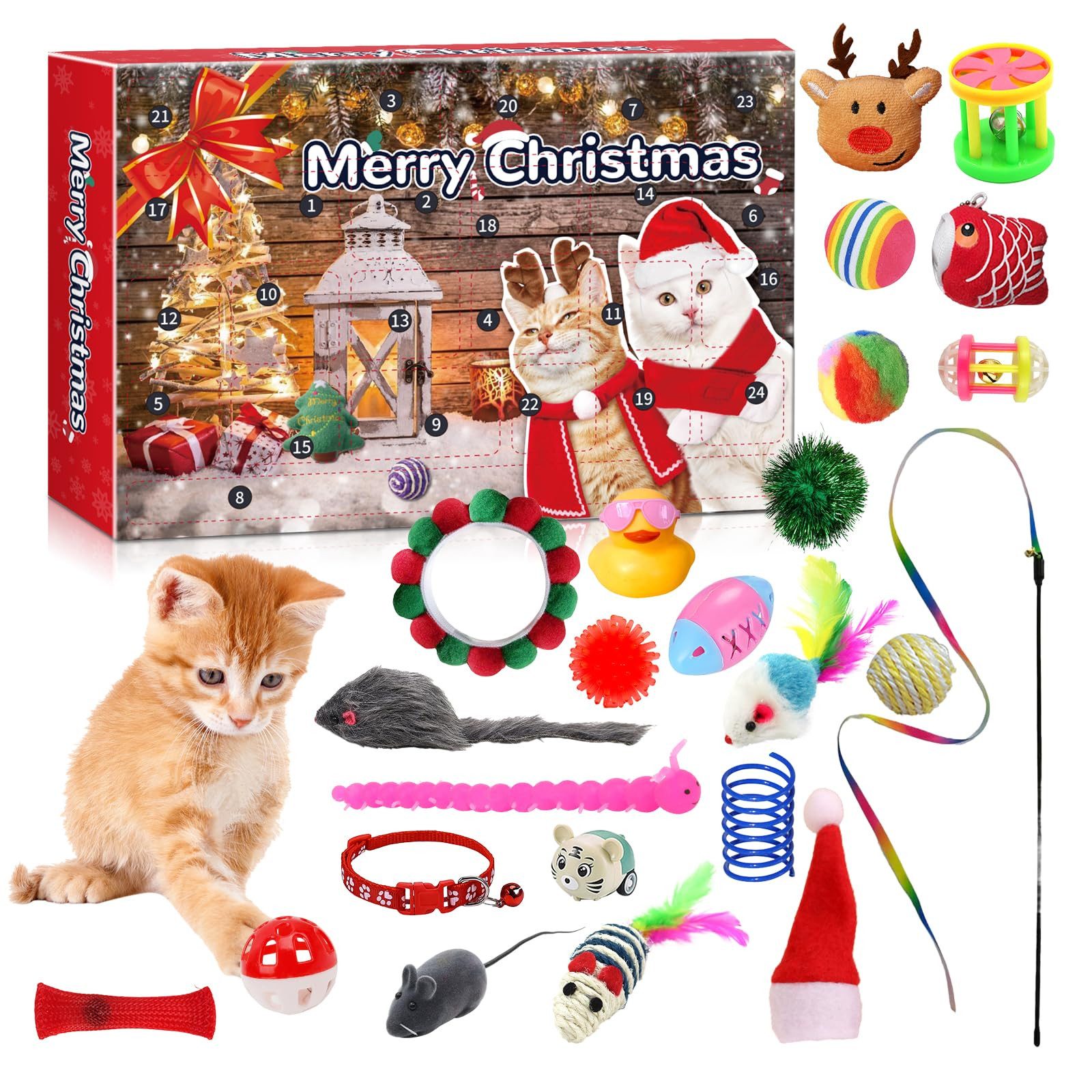 FOUORTUNATE-BEE Katzen-Adventskalender Katzen-Adventskalender mit 24 Fächern – Spielzeug, Interaktives Katzen-Spielset mit Federn, Bällen & …