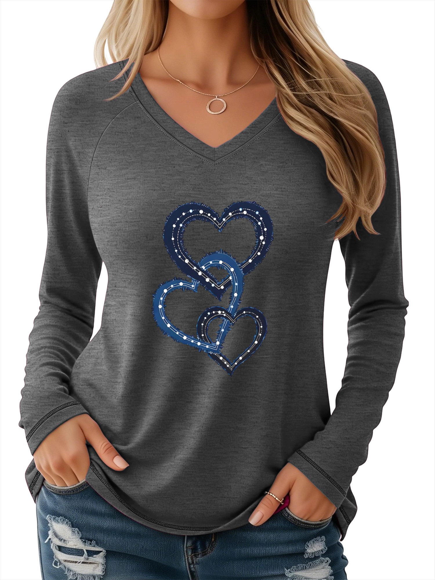 PYLIKE Print-Shirt Shirts Damen Elegant Herz Ausgefallene bequemes Langarmshirt Geeignet für den täglichen Gebrauch im Büro und zu Hause