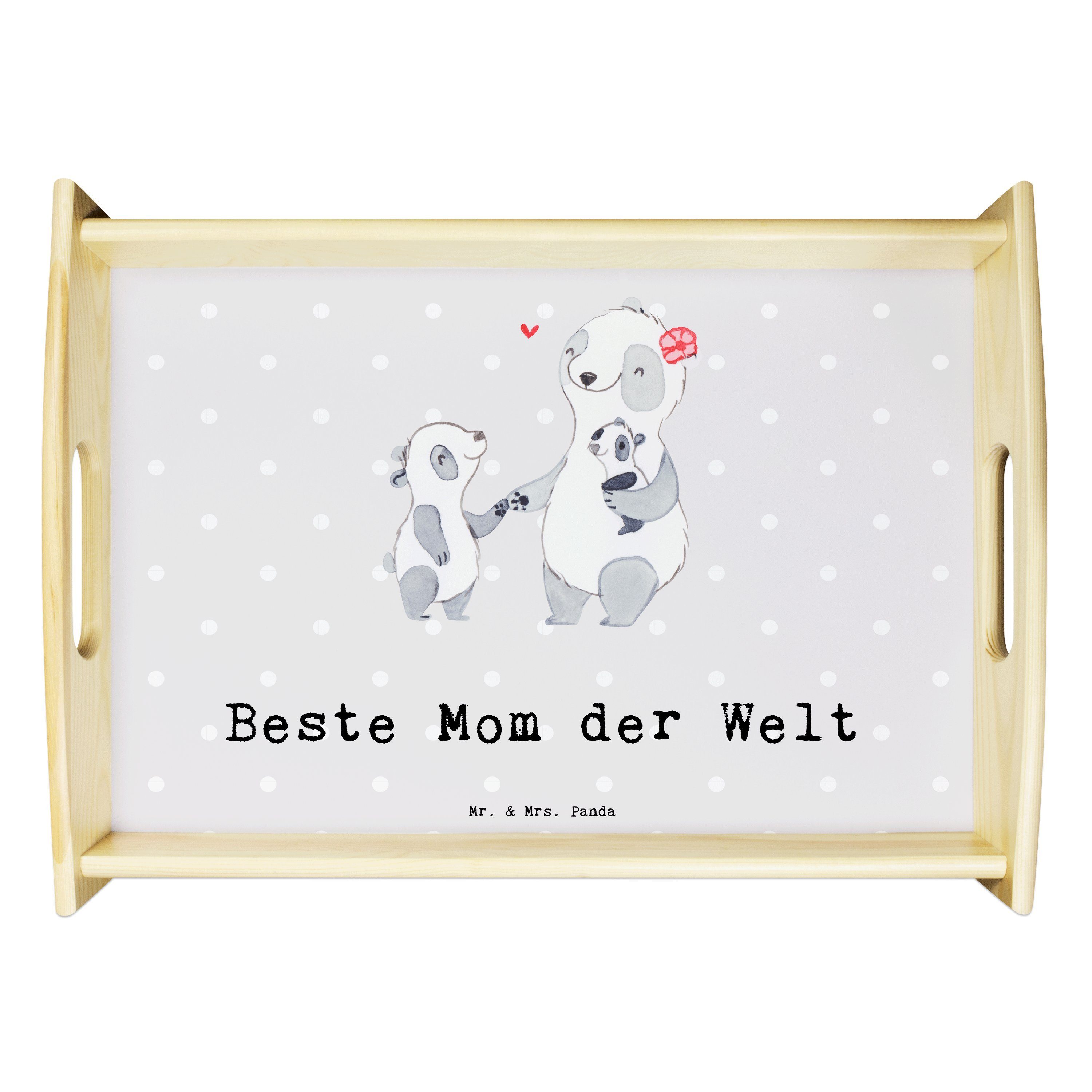Mr. & Mrs. Panda Tablett Panda Beste Mom der Welt - Grau Pastell - Geschenk, Frühstückstablett, Echtholz lasiert, (1-tlg)